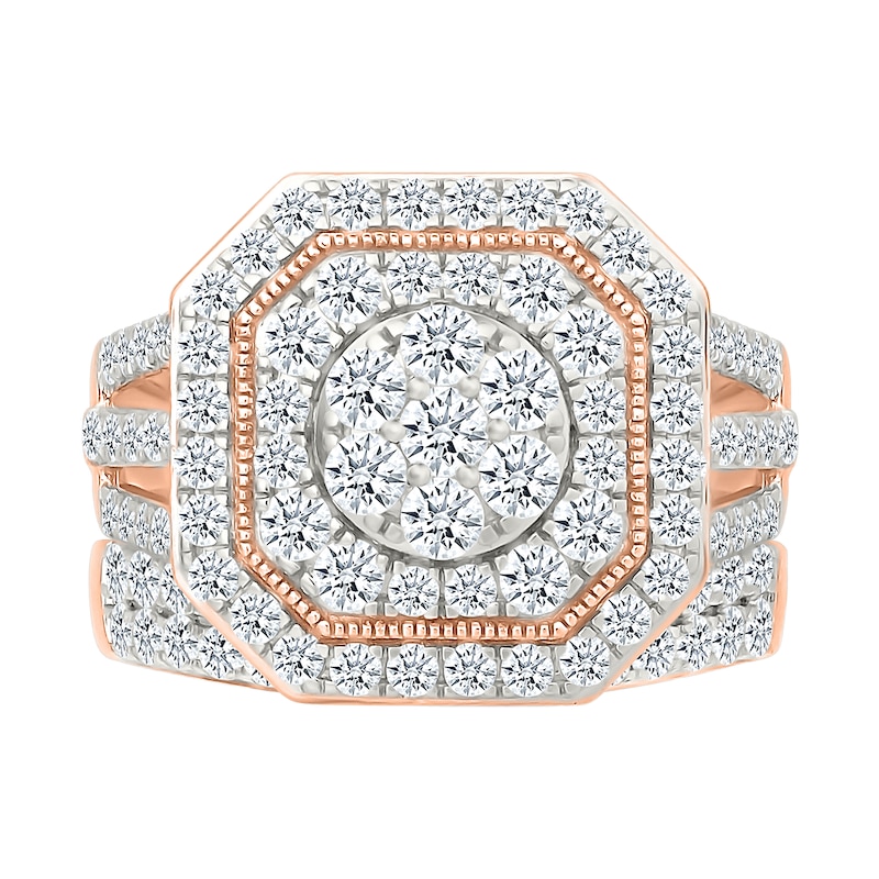 1.95 CT. T.W. Multi-Diamond Double Octagonal Frame Triple Row Split Shank Bridal Set in 10K Rose Gold