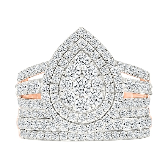 1.95 CT. T.W. Pear-Shaped Multi-Diamond Double Frame Triple Row Split Shank Bridal Set in 10K Rose Gold