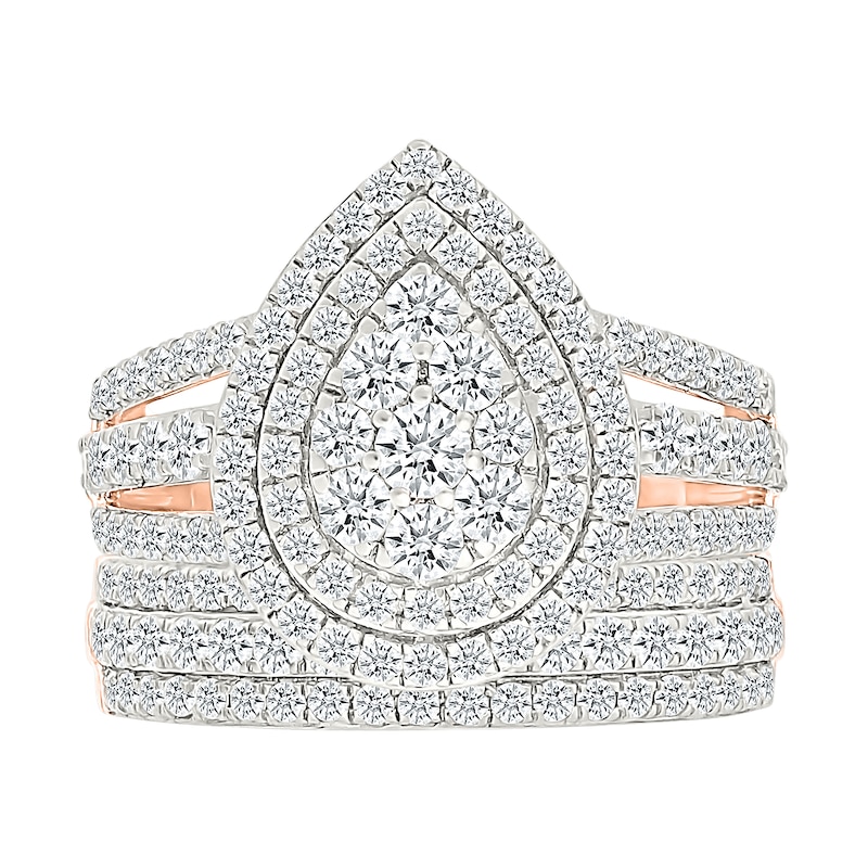 1.95 CT. T.W. Pear-Shaped Multi-Diamond Double Frame Triple Row Split Shank Bridal Set in 10K Rose Gold