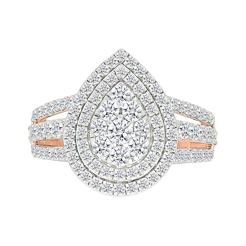 1.95 CT. T.W. Pear-Shaped Multi-Diamond Double Frame Triple Row Split Shank Bridal Set in 10K Rose Gold