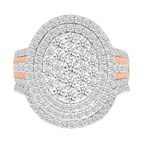 1.95 CT. T.W. Oval-Shaped Multi-Diamond Double Frame Multi-Row Shank Bridal Set in 10K Rose Gold