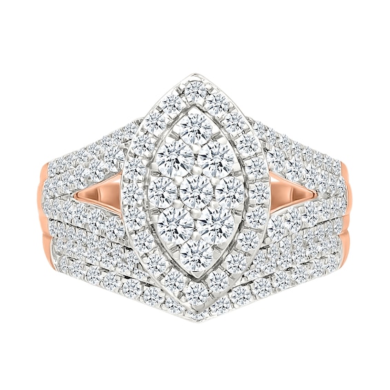 1.45 CT. T.W. Marquise-Shaped Multi-Diamond Frame Multi-Row Split Shank Bridal Set in 10K Rose Gold