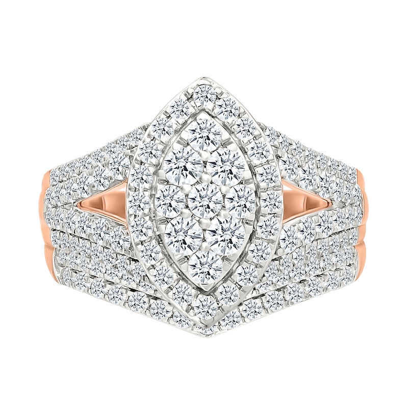 1.45 CT. T.W. Marquise-Shaped Multi-Diamond Frame Multi-Row Split Shank Bridal Set in 10K Rose Gold