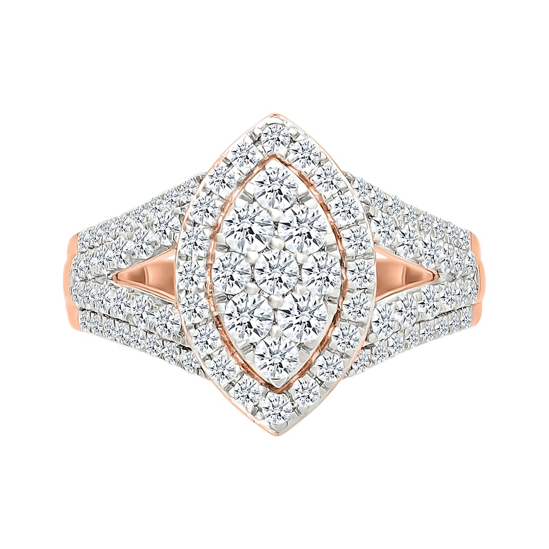 1.45 CT. T.W. Marquise-Shaped Multi-Diamond Frame Multi-Row Split Shank Bridal Set in 10K Rose Gold