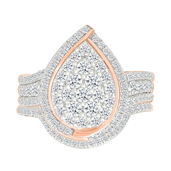 1.23 CT. T.W. Pear-Shaped Multi-Diamond Swirl Frame Triple Row Shank Bridal Set in 10K Rose Gold