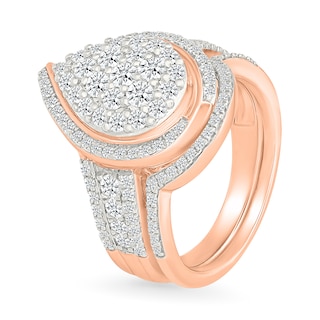 1.23 CT. T.W. Pear-Shaped Multi-Diamond Swirl Frame Triple Row Shank Bridal Set in 10K Rose Gold