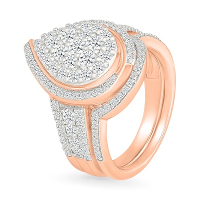 1.23 CT. T.W. Pear-Shaped Multi-Diamond Swirl Frame Triple Row Shank Bridal Set in 10K Rose Gold