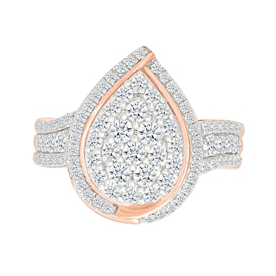 1.23 CT. T.W. Pear-Shaped Multi-Diamond Swirl Frame Triple Row Shank Bridal Set in 10K Rose Gold