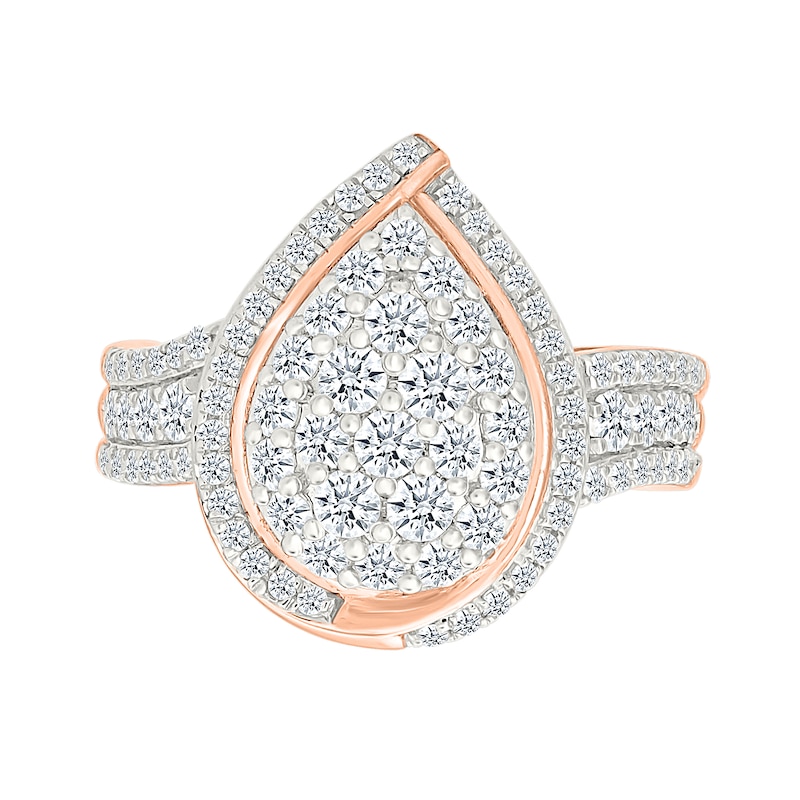 1.23 CT. T.W. Pear-Shaped Multi-Diamond Swirl Frame Triple Row Shank Bridal Set in 10K Rose Gold