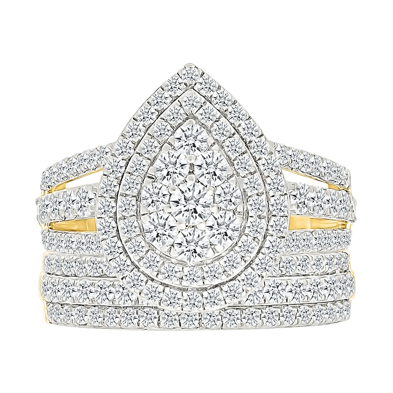 Main Image 1 of 1.95 CT. T.W. Pear-Shaped Multi-Diamond Double Frame Triple Row Split Shank Bridal Set in 10K Gold