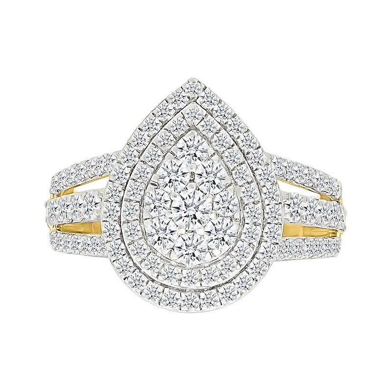 Main Image 3 of 1.95 CT. T.W. Pear-Shaped Multi-Diamond Double Frame Triple Row Split Shank Bridal Set in 10K Gold