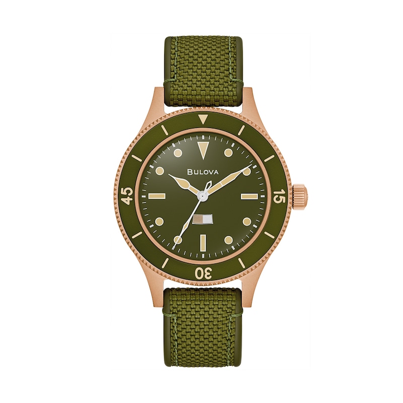 Men's 150th Anniversary Special Edition Bulova MIL-SHIPS Bronze Case Automatic Watch with Green Dial (Model: 98A324)