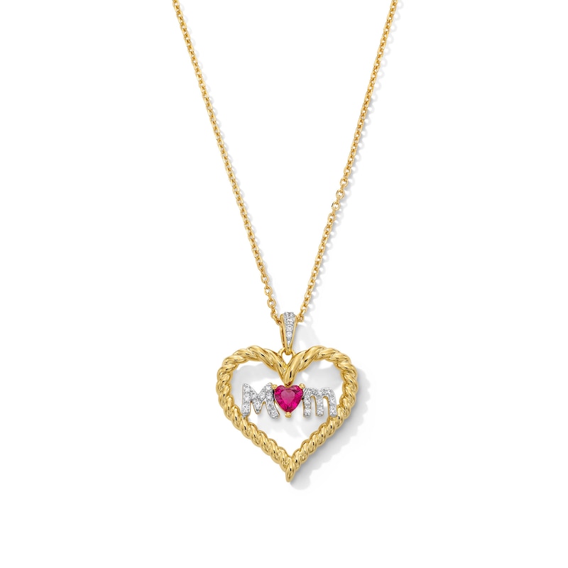 Main Image 1 of Heart-Shaped Lab-Created Ruby and 0.065 CT. T.W. Diamond “Mom” Heart Pendant in Sterling Silver with 14K Gold Plate