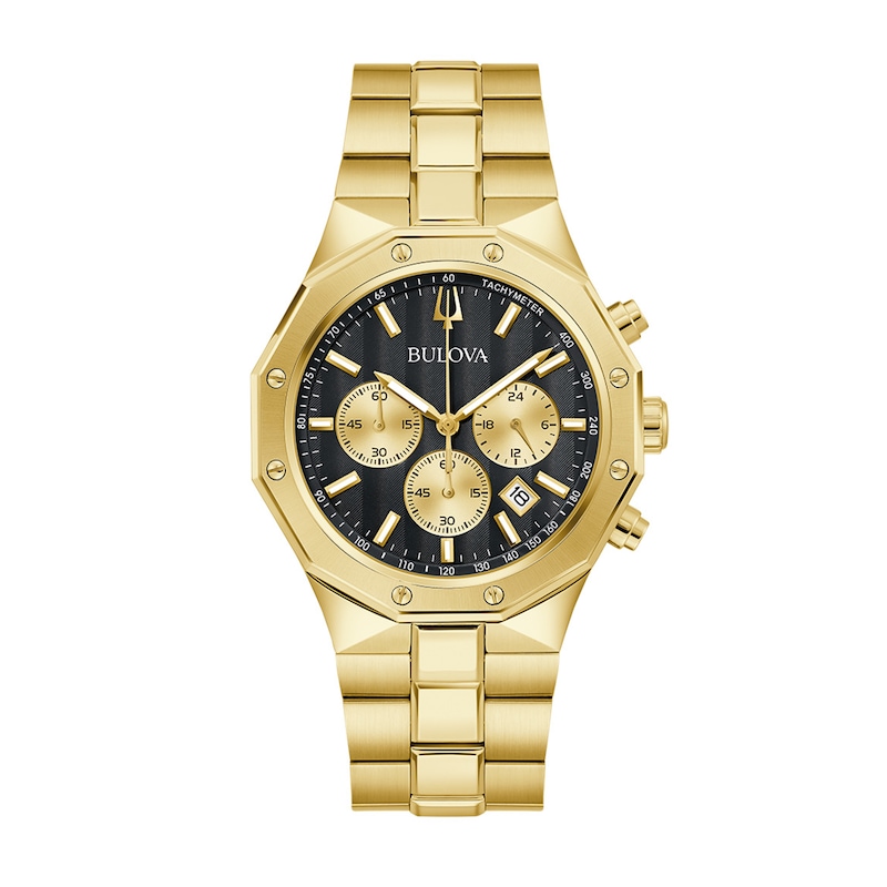 Men's Bulova Classic Prestige Gold-Tone IP Chronograph Watch with Octagonal Black Dial (Model: 97B232)