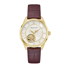 Ladies' Bulova Sutton Gold-Tone IP Brown Leather Strap Automatic Watch with Mother-of-Pearl Dial (Model: 97L179)