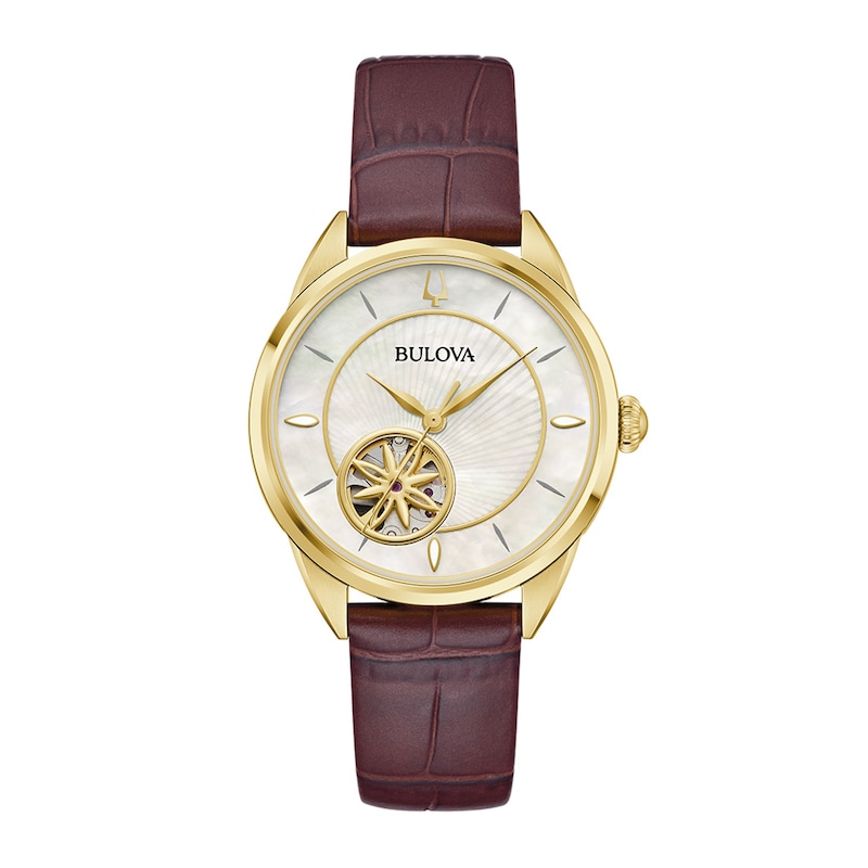 Main Image 1 of Ladies' Bulova Sutton Gold-Tone IP Brown Leather Strap Automatic Watch with Mother-of-Pearl Dial (Model: 97L179)