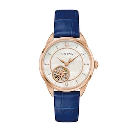 Ladies' Bulova Sutton Rose-Tone IP Blue Leather Strap Automatic Watch with Mother-of-Pearl Dial (Model: 97L180)