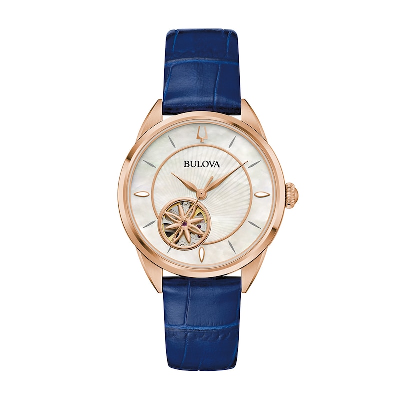 Main Image 1 of Ladies' Bulova Sutton Rose-Tone IP Blue Leather Strap Automatic Watch with Mother-of-Pearl Dial (Model: 97L180)