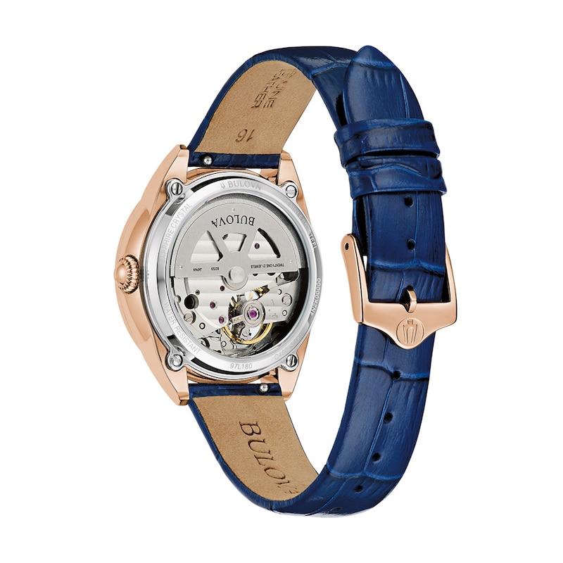 Main Image 3 of Ladies' Bulova Sutton Rose-Tone IP Blue Leather Strap Automatic Watch with Mother-of-Pearl Dial (Model: 97L180)