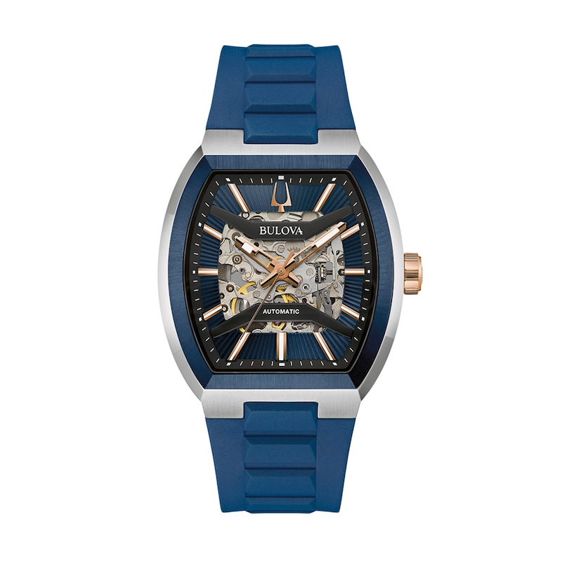 Men’s Bulova Maquina Blue Silicone Strap Automatic Watch with Tonneau Blue Skeleton Dial (Model: 98A318)