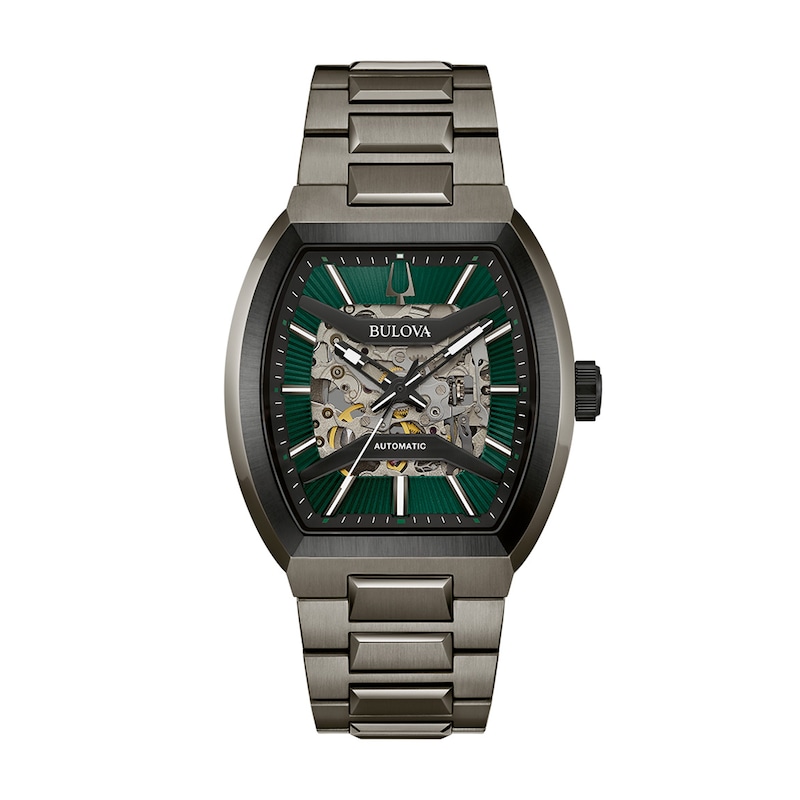 Men’s Bulova Maquina Gunmetal Grey IP Automatic Watch with Tonneau Green Skeleton Dial (Model: 98A321)