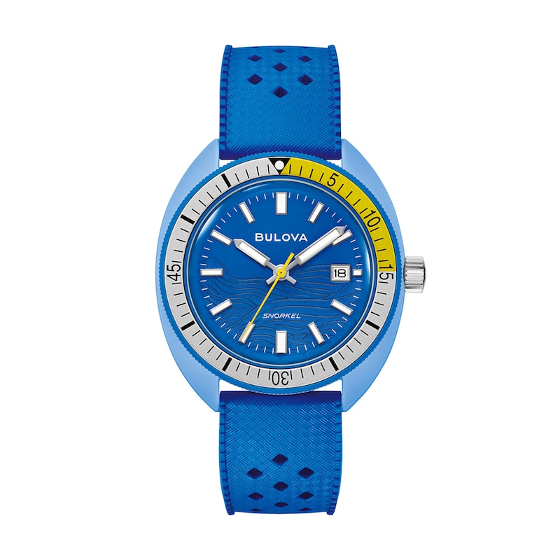 Men's Bulova Snorkel Blue Ceramic Rubber Strap Watch with Blue Dial (Model: 98B445)