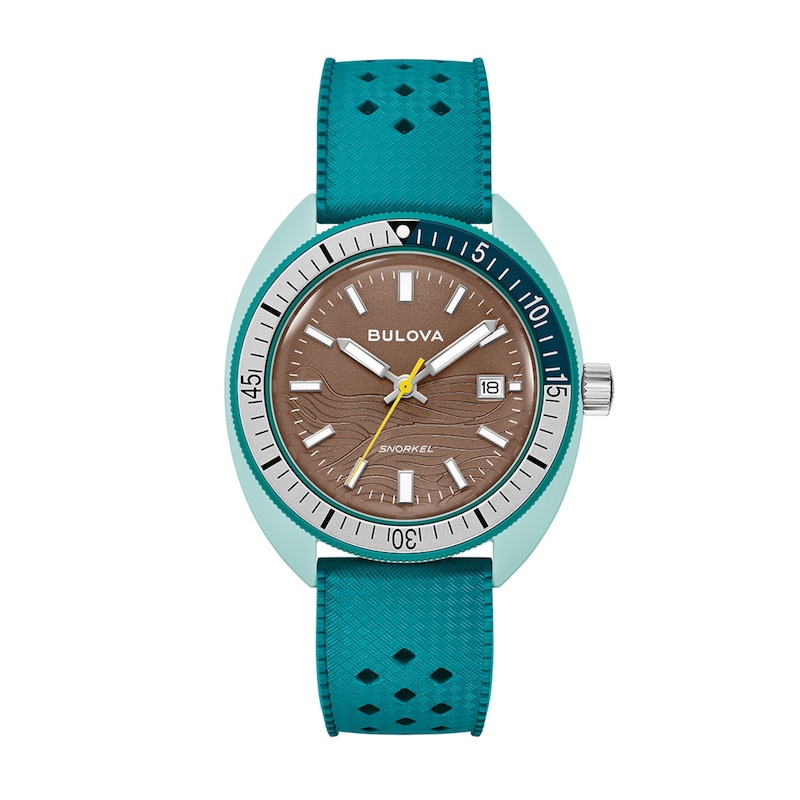 Men's Bulova Snorkel Green Ceramic Rubber Strap Watch with Brown Dial (Model: 98B446)