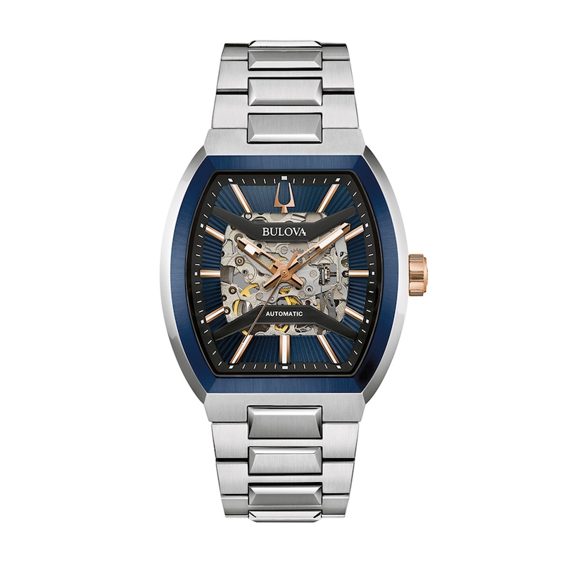 Men’s Bulova Maquina Two-Tone IP Automatic Watch with Tonneau Blue Skeleton Dial (Model: 98A319)