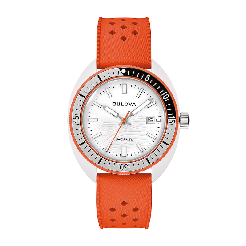 Men's Bulova Snorkel White Ceramic Orange Rubber Strap Watch with White Dial (Model: 98B448)