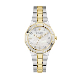 Ladies' Bulova Classic Prestige Diamond Accent Two-Tone IP Watch with Mother-of-Pearl Dial (Model: 98P234)