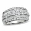 Thumbnail Image 0 of Previously Owned - 1.00 CT. T.W. Baguette and Round Diamond Three Row Ring in 10K White Gold