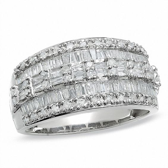 Previously Owned - 1.00 CT. T.W. Baguette and Round Diamond Three Row Ring in 10K White Gold