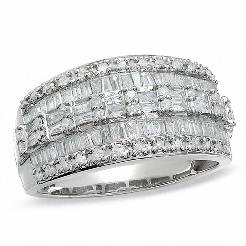 Previously Owned - 1.00 CT. T.W. Baguette and Round Diamond Three Row Ring in 10K White Gold|Peoples Jewellers
