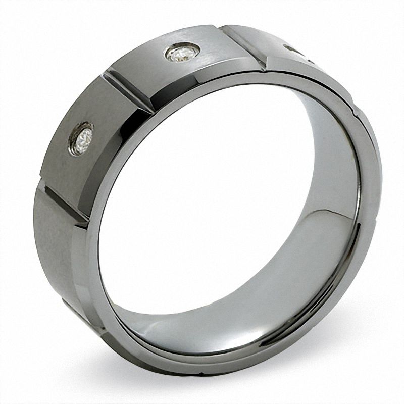 Previously Owned - Men's 0.09 CT. T.W. Diamond Three Stone Wedding Band in Tungsten Carbide