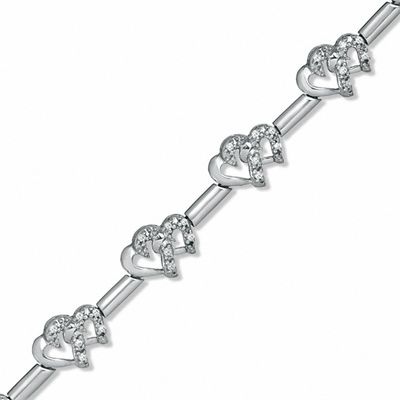 Previously Owned - 0.20 CT. T.W. Diamond Interlocking Hearts Link Bracelet in Sterling Silver