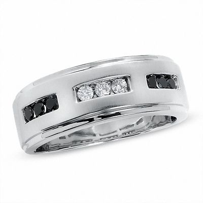 Previously Owned - Men's 0.30 CT. T.W. Enhanced Black and White Diamond Three Channel Band in 14K White Gold