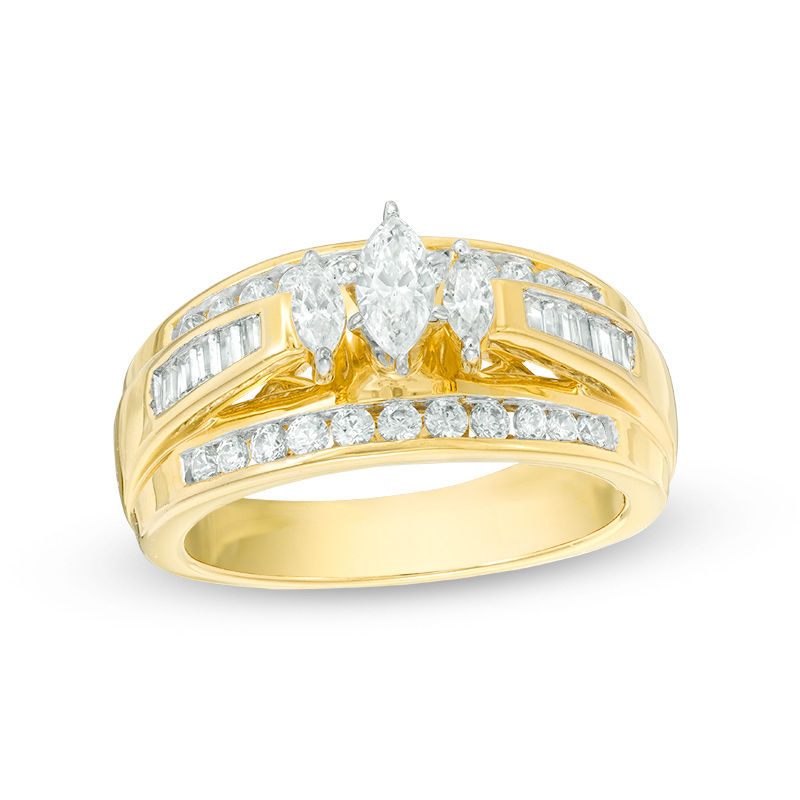 Previously Owned - 1.00 CT. T.W. Marquise Diamond Three Stone Engagement Ring in 14K Gold