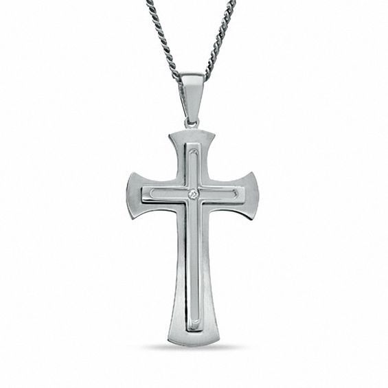 Previously Owned - Men's Diamond Accent Cross Pendant in Stainless Steel - 24"