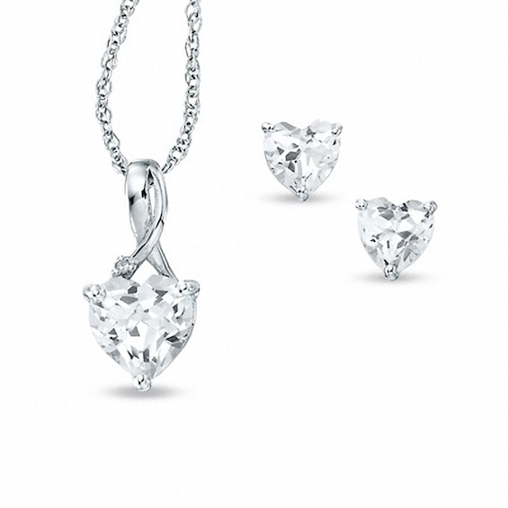 Previously Owned - Heart-Shaped Lab-Created White Sapphire and Diamond Pendant and Earrings Set in Sterling Silver