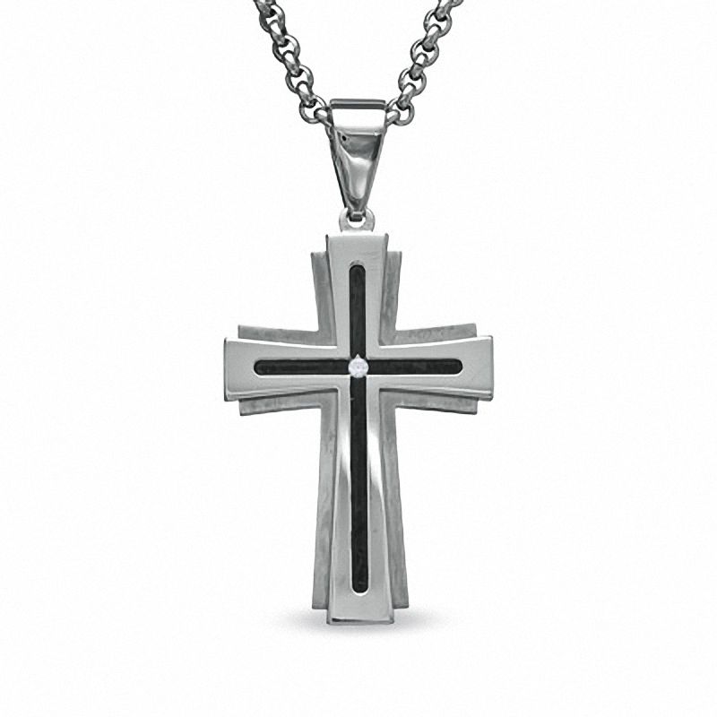 Previously Owned - Men's Diamond Accent Cross Pendant in Stainless Steel with Black Inlay - 24"|Peoples Jewellers