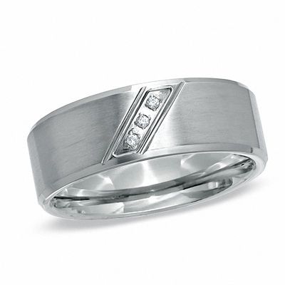 Previously Owned - Men's Diamond Accent Slant Wedding Band in Stainless Steel