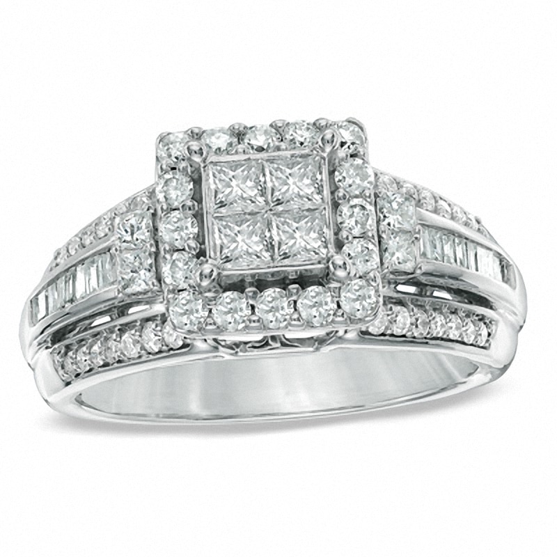 Main Image 1 of Previously Owned - 1.00 CT. T.W. Quad Princess-Cut Diamond Frame Engagement Ring in 10K White Gold