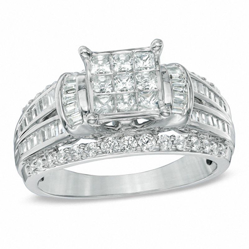 Previously Owned - 1.25 CT. T.W. Princess-Cut Composite Diamond Collar Engagement Ring in 10K White Gold