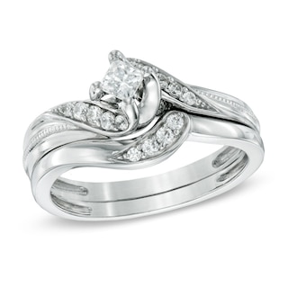 Previously Owned - 0.33 CT. T.W. Princess-Cut Diamond Swirl Bridal Set in 10K White Gold