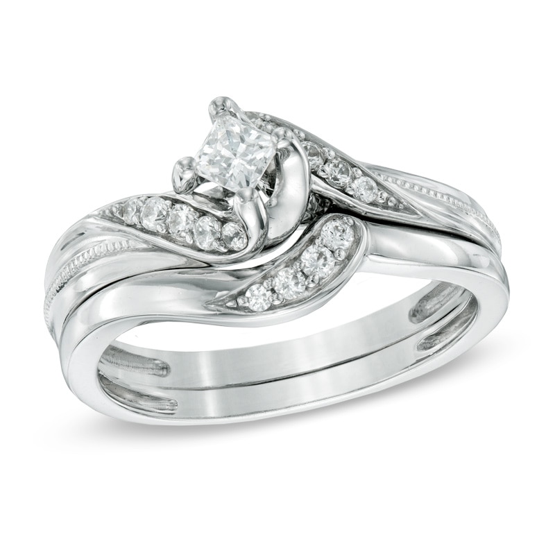 Previously Owned - 0.33 CT. T.W. Princess-Cut Diamond Swirl Bridal Set in 10K White Gold