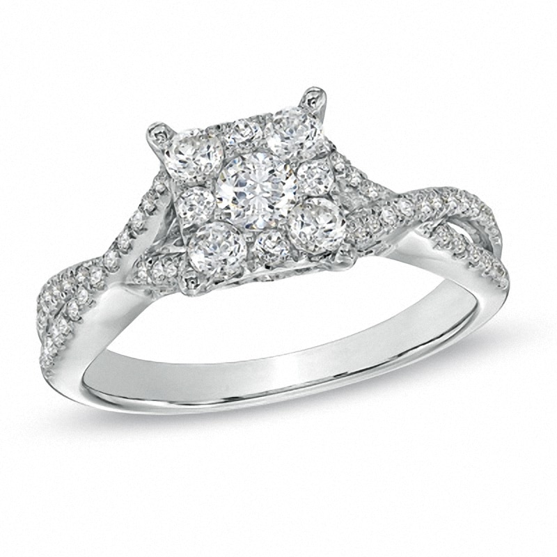 Previously Owned - 0.75 CT. T.W. Diamond Cluster Criss-Cross Shank Engagement Ring in 14K White Gold|Peoples Jewellers