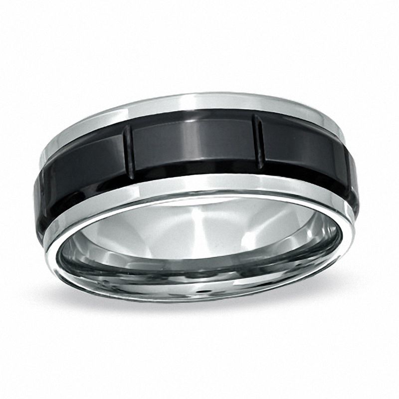 Main Image 1 of Previously Owned - Triton Men's 8.0mm Comfort Fit Panel Wedding Band in Tungsten Carbide and Ceramic