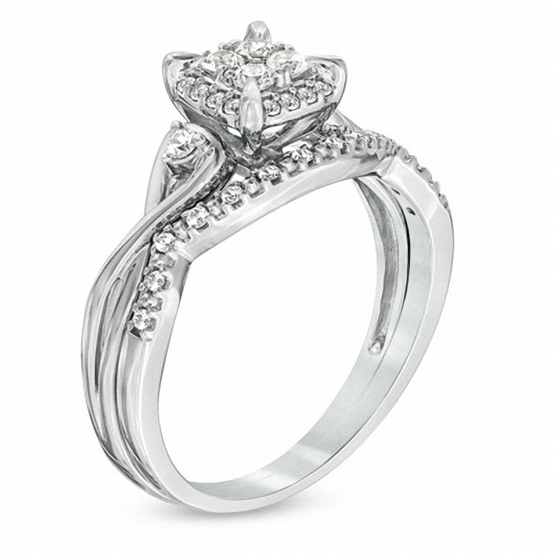 Main Image 2 of Previously Owned - 0.33 CT. T.W. Quad Diamond Twist Shank Bridal Set in 10K White Gold