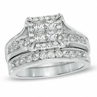 Previously Owned - 1.50 CT. T.W. Princess-Cut Quad Diamond Frame Bridal Set in 14K White Gold