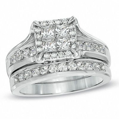 Previously Owned - 1.50 CT. T.W. Princess-Cut Quad Diamond Frame Bridal Set in 14K White Gold